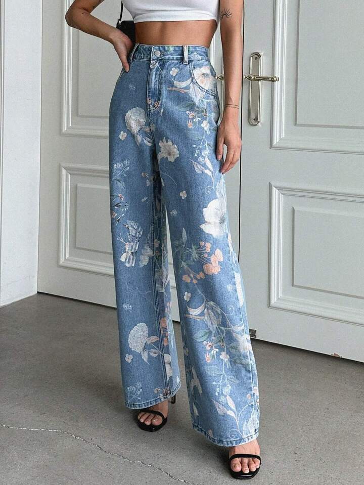 Women's Blue Floral Printed Summer Design High Jeans