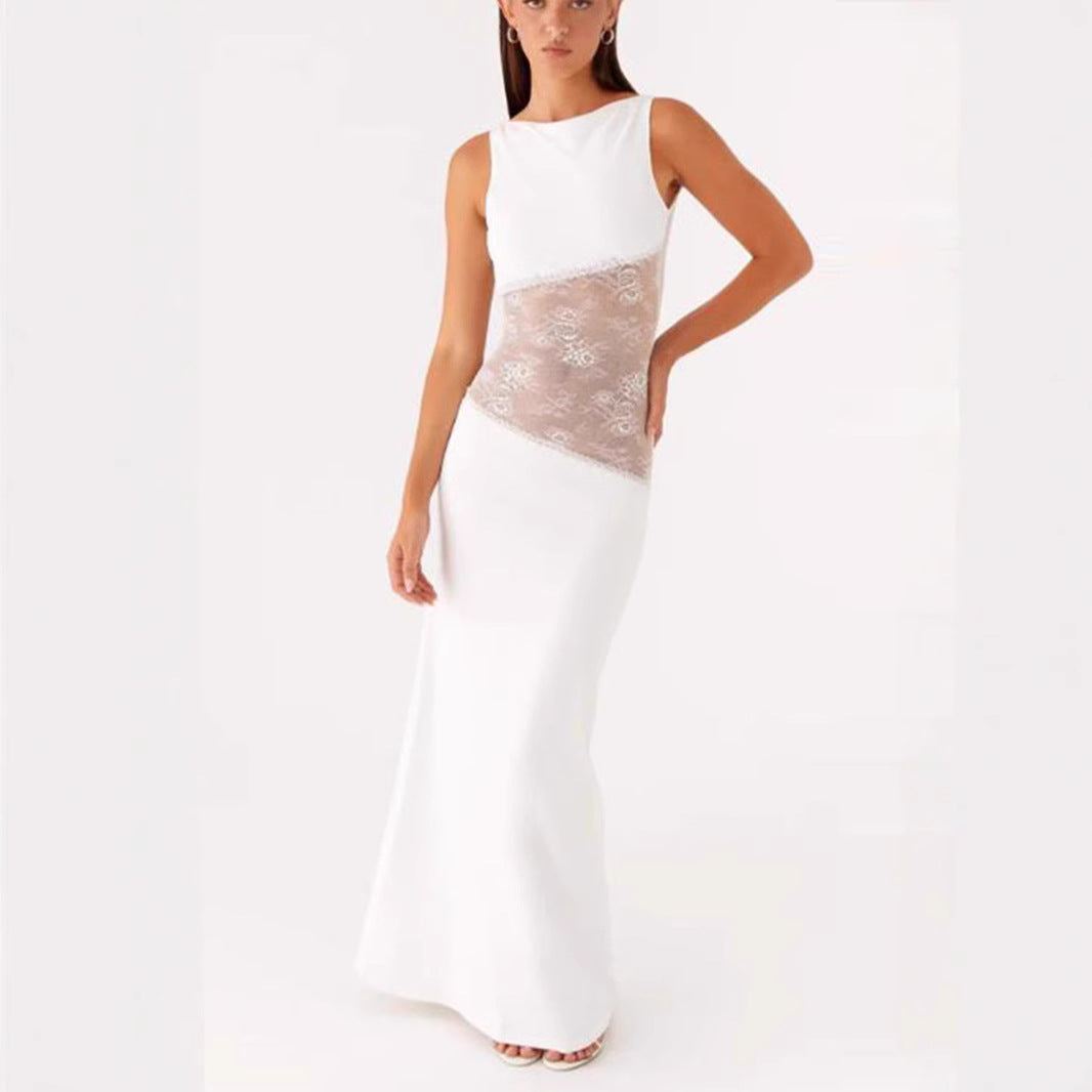 Lace Satin Stitched Backless Long Slimming Jumpsuits