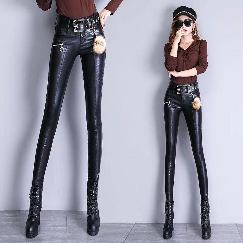 Women's Leather Outer Perforating Fleece-lined Thickened Elastic Pants