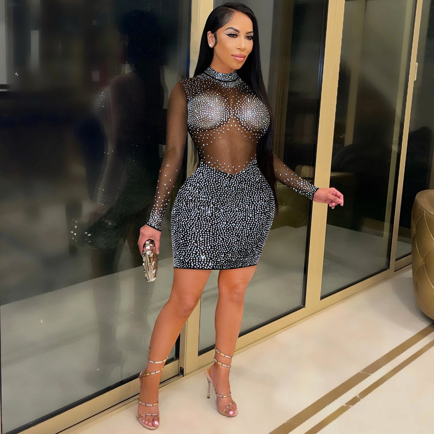Fashion Sexy Nightclub Hot Rhinestone Mesh Long Dresses