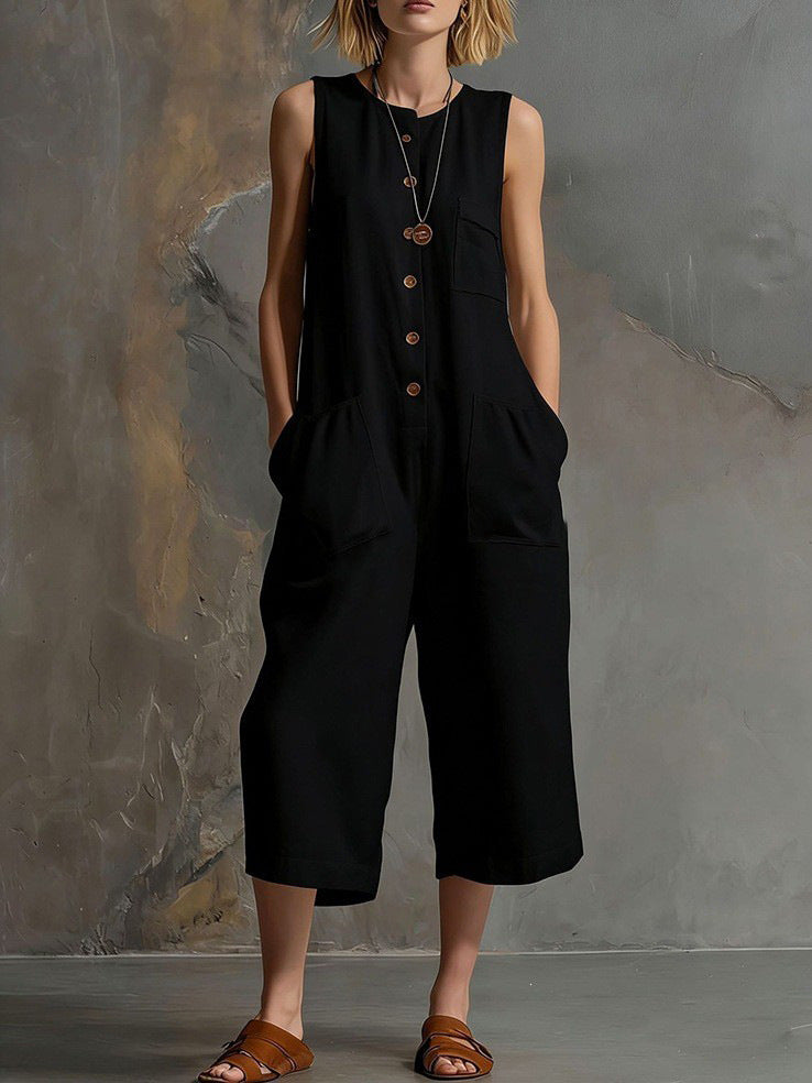 Casual Retro Sleeveless White Wide Leg Women's Jumpsuit/clothing