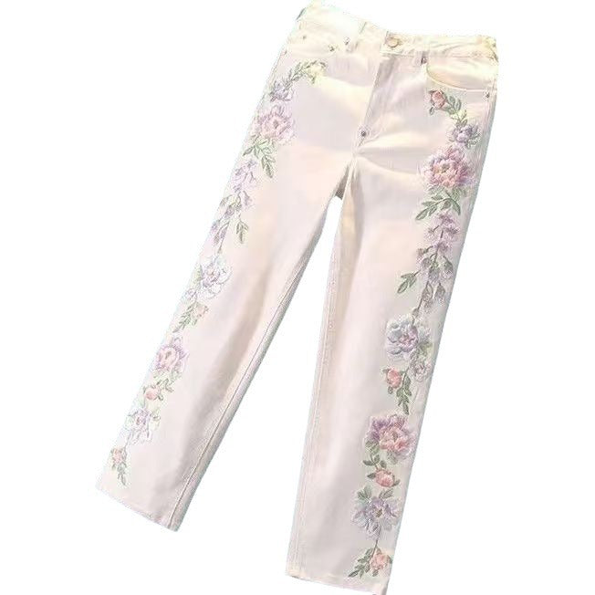 Women's Retro Chinese Style Embroidery Cropped Straight Tang Jeans