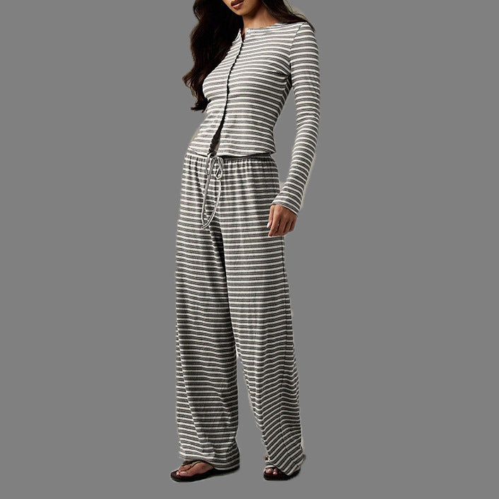 Women's Button Long Sleeve Drawstring Trousers Casual Suits