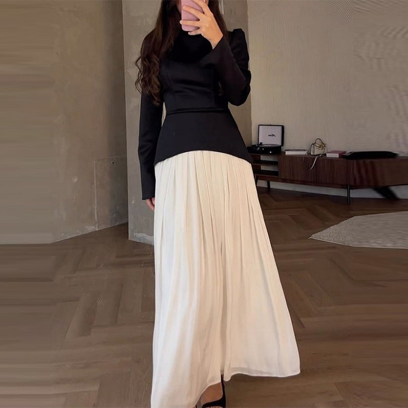Women's Autumn Solid Color Fashion Stitching Design Round Dresses