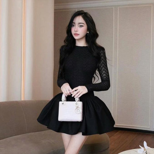 Women's Autumn Elegant Lace Fitted Waist Bubble Dresses