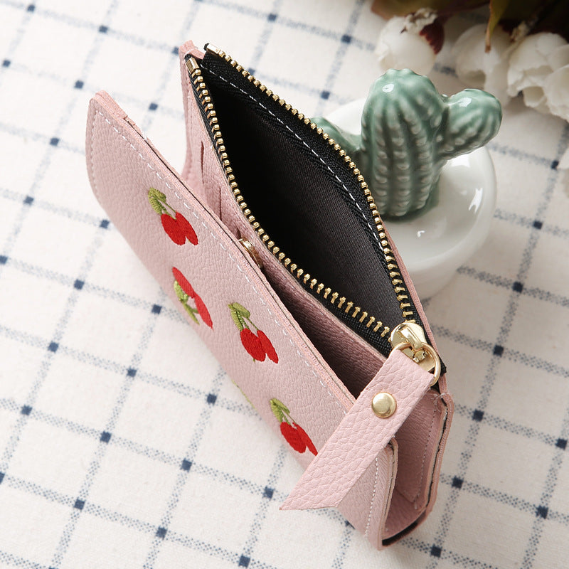 Women's Style Vertical Cherry Embroidery Short Fashion Ladies Wallets