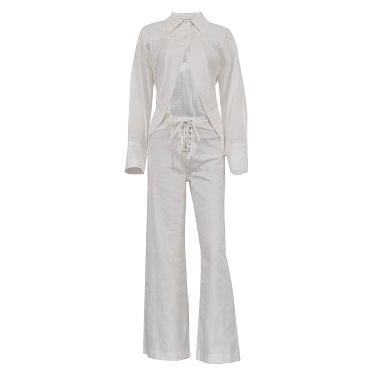 Women's Design White Shirt Hollow Out Tied Suits