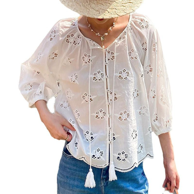 Women's French Embroidery Hollow Out White Shirt Tops