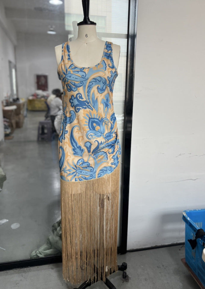 Women's Summer Classical Sleeveless Printed Tassel Dress Dresses