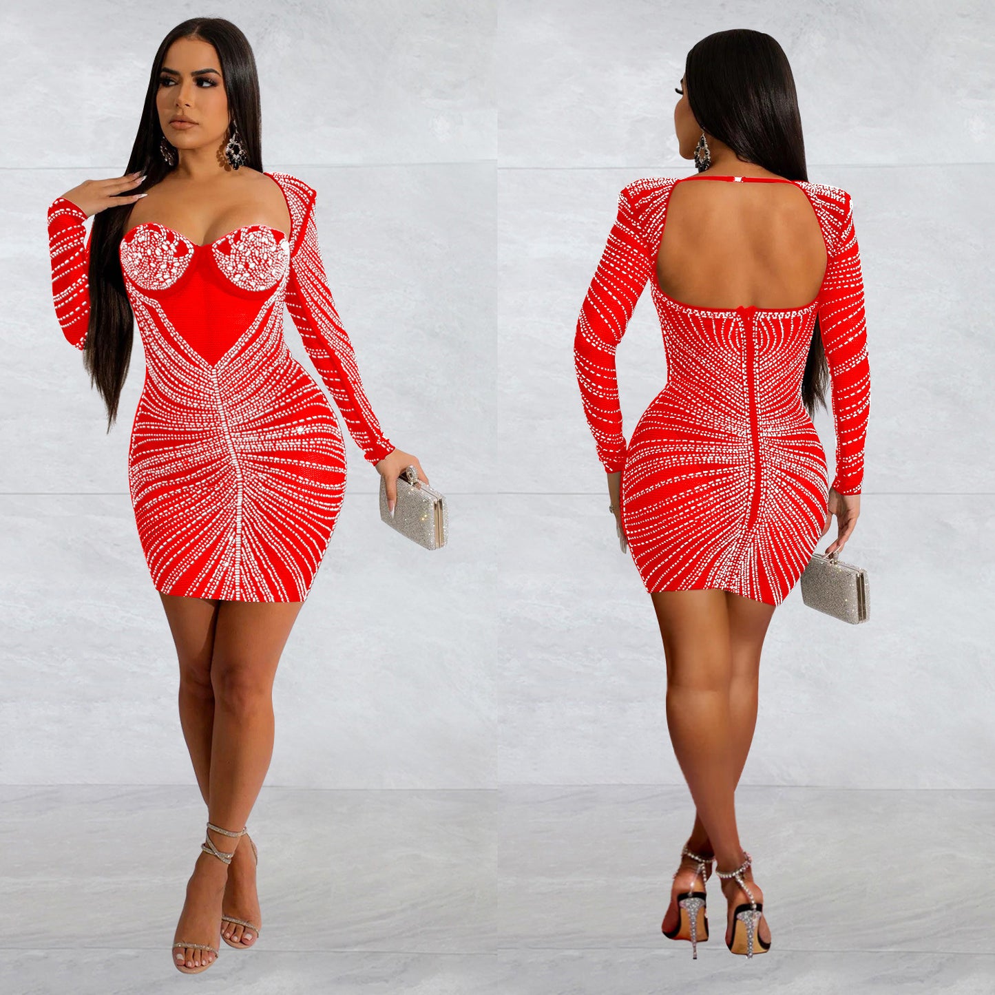 Women's Pure Color Mesh Rhinestone Long Sleeve Dresses