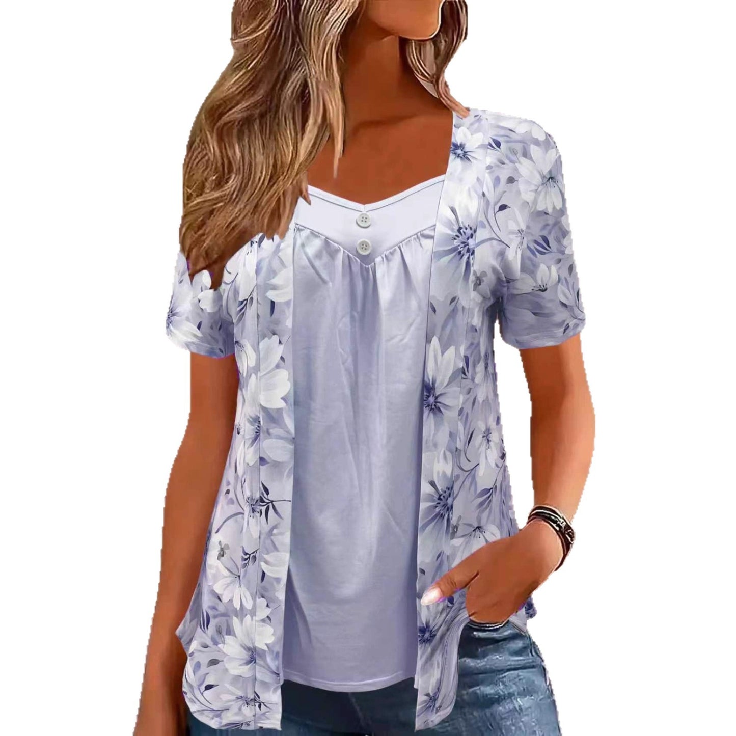 Women's Fake Two Pieces Sleeve Printed Fashion Women's T-shirt
