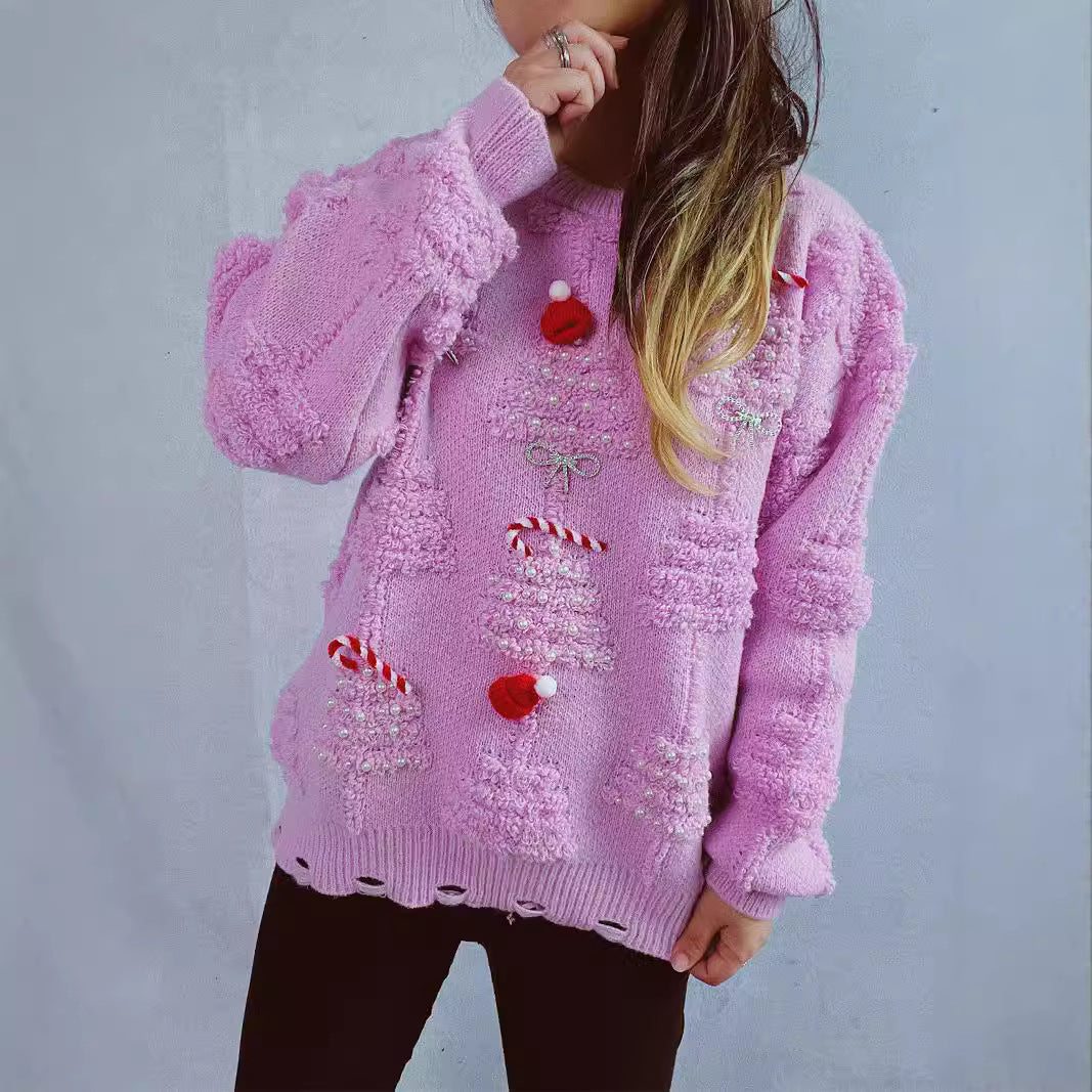 Source Solid Color Handmade Pearl Christmas Three-dimensional Sweaters
