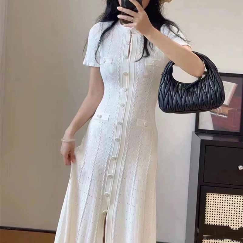 Short-sleeved Knitted Dress With Hollow Thread Single-breasted Dresses