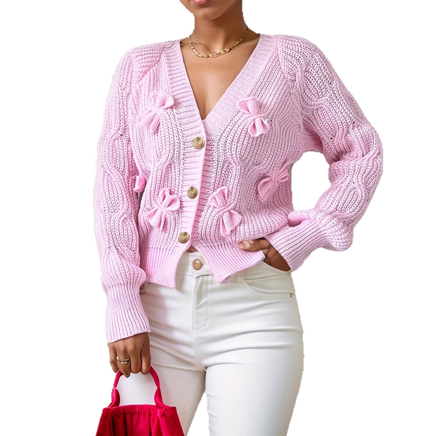 Women's Solid Color Long-sleeved Bowknot Knitted Coats