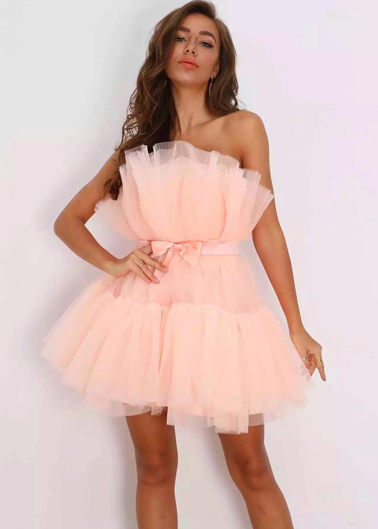 Tube Mesh Graceful Bow Puffy Dress Wedding Dresses