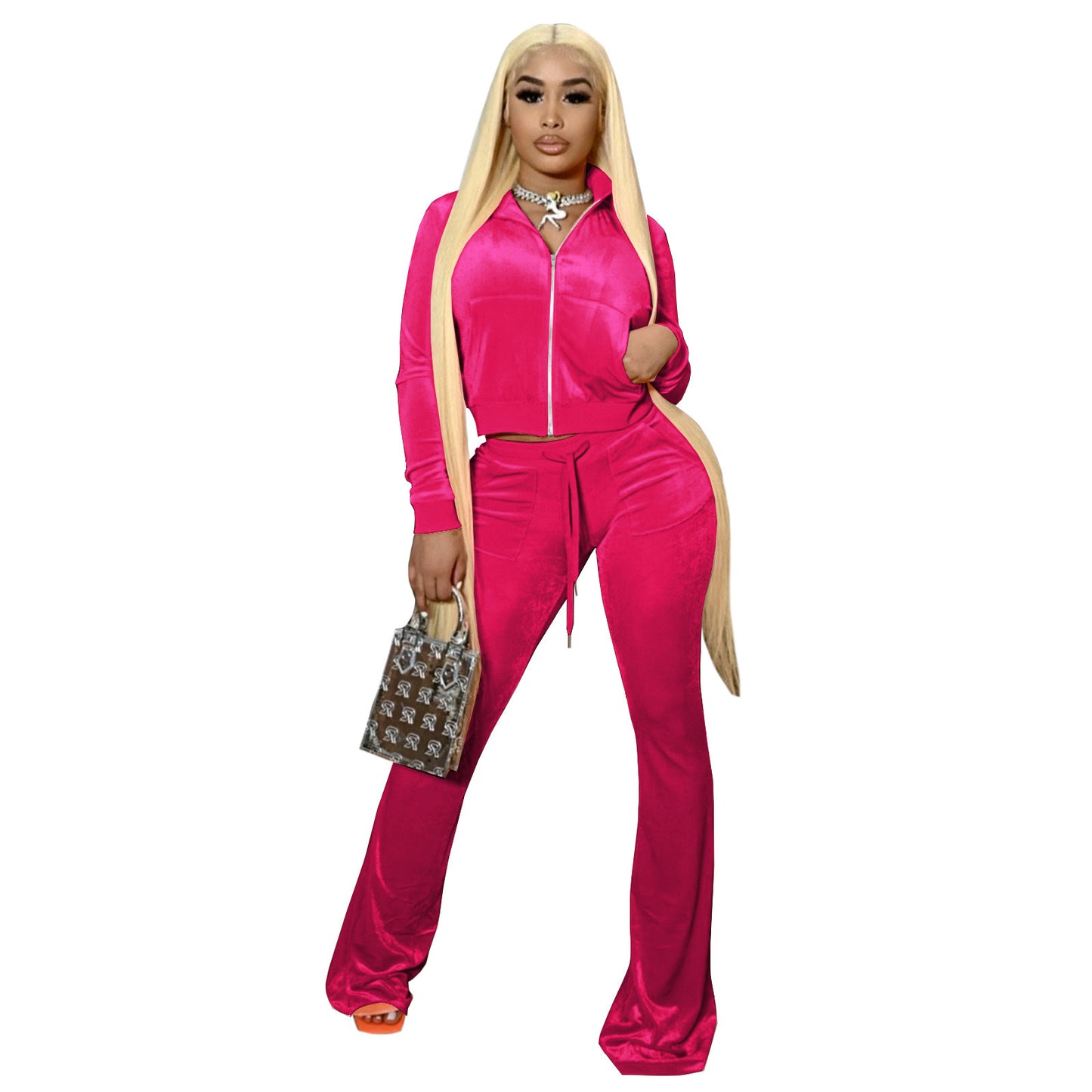Women's Fashion Veet Solid Color Long Sleeve Bell-bottom Suits