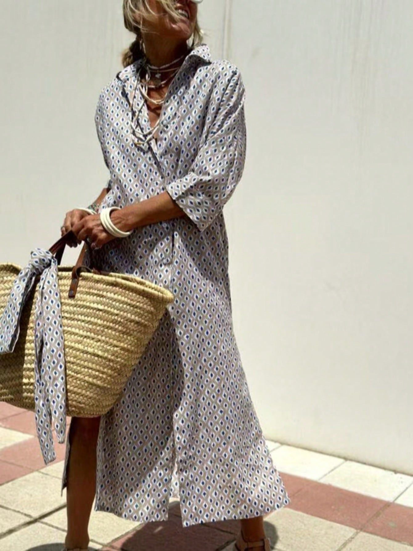 Women's Half Sleeve Striped Lapel Shirt Dress