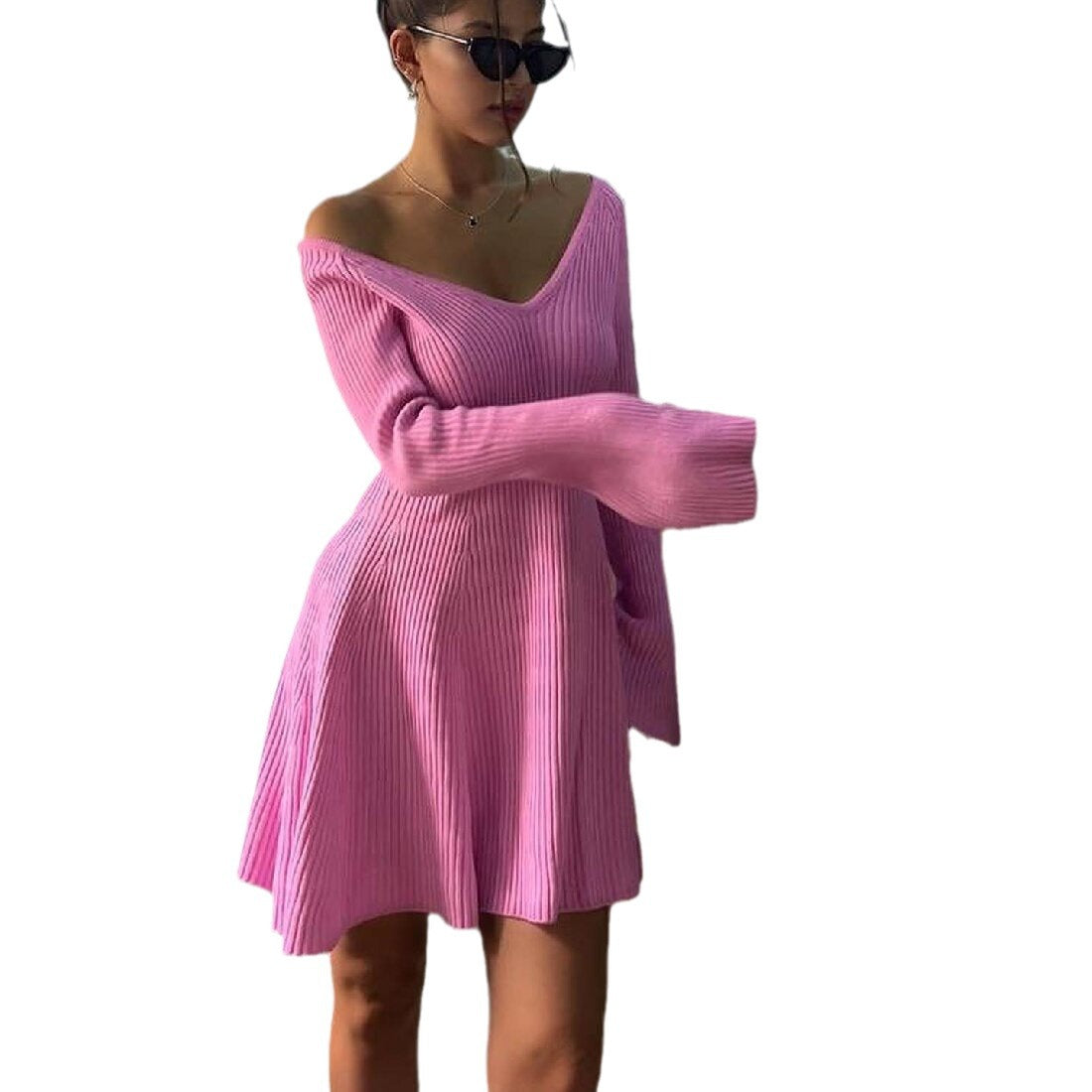 Women's Color Simple Style Low Collar Long Sleeves Words Knitted Dresses