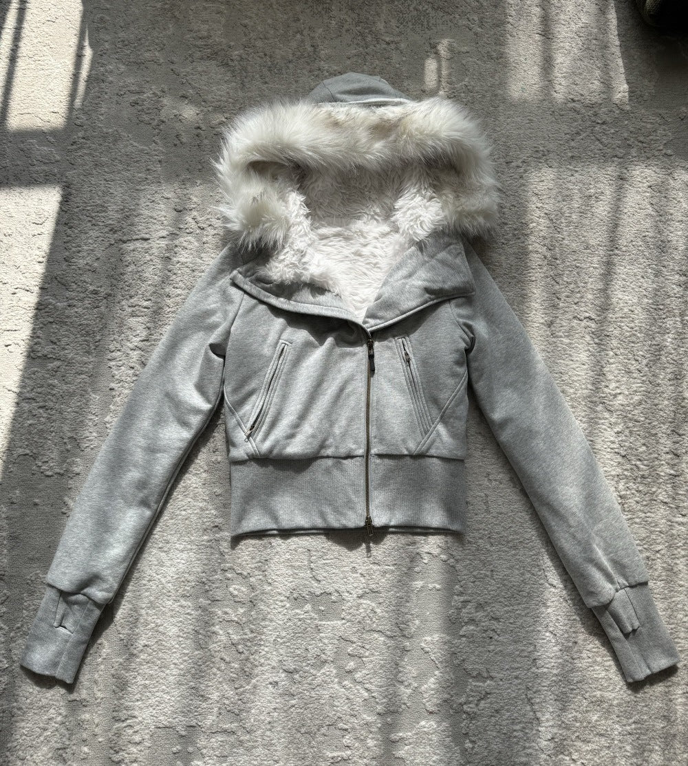 Women's Hooded Fur Collar Plush Liner Slimming Sweaters