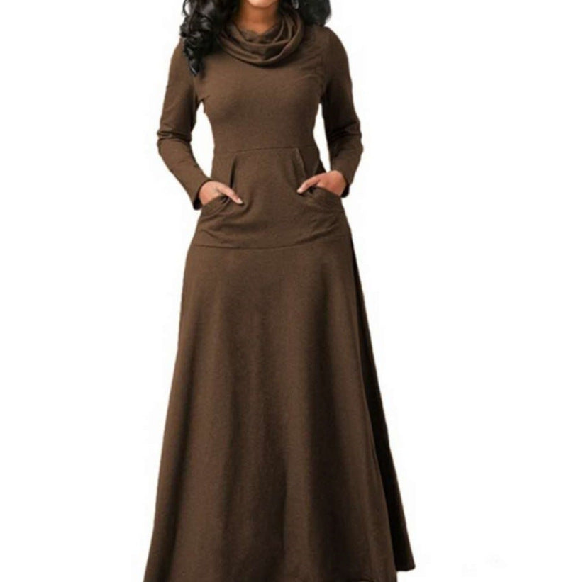Solid Color Patchwork Pocket Scarf Swing Dresses