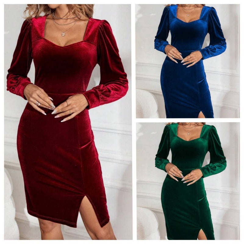 Slit Gigot Sleeve Square Collar Elegant Dress