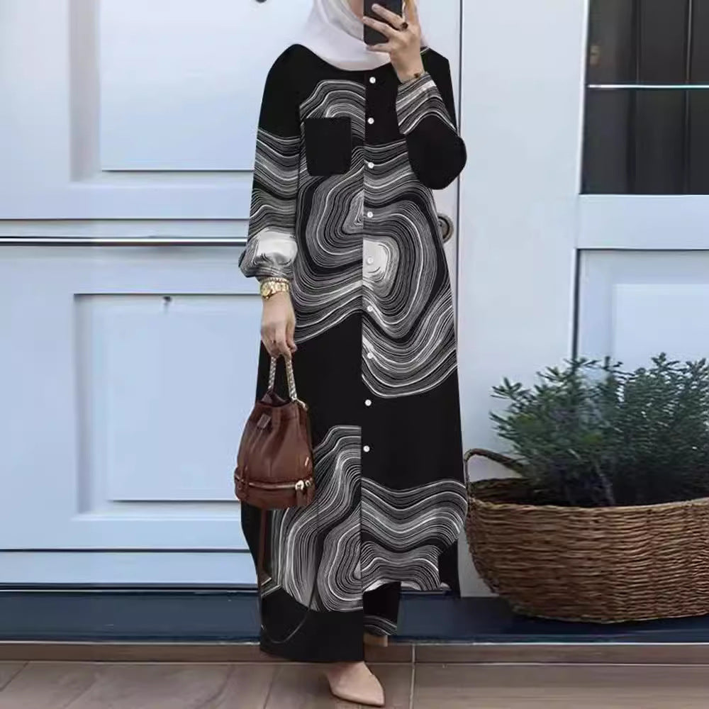 Women's Muslim Temperament Patchwork Long Sleeve Lapel Blouses