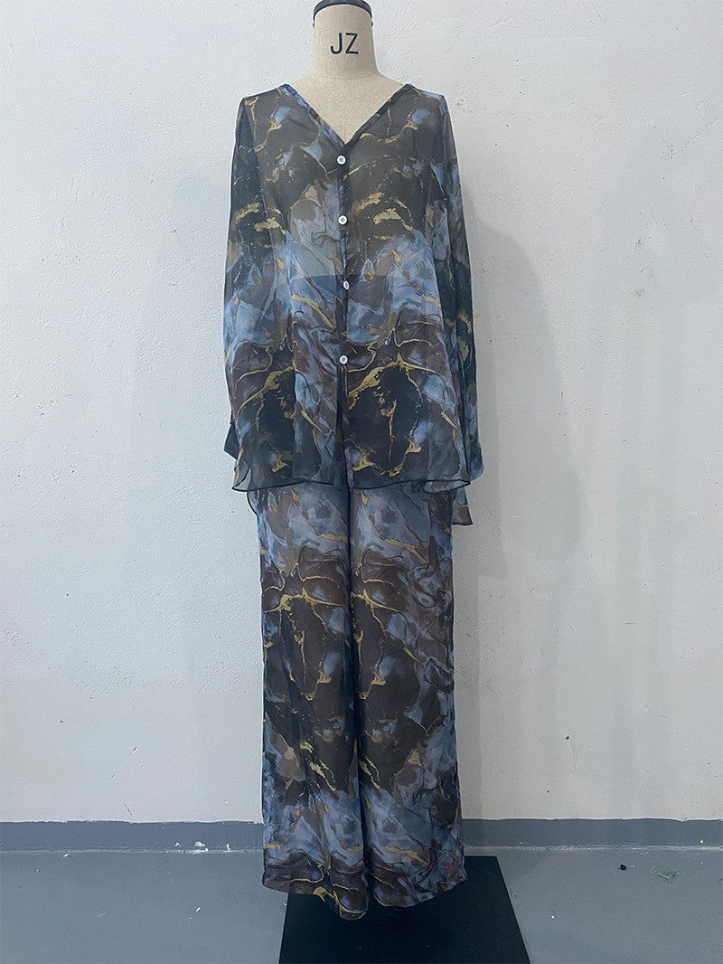 Women's Spring Fashion Printed Shirt Wide Leg Tops