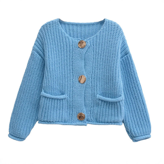 Women's Solid Color Single-breasted Double Pocket Thick Sweaters