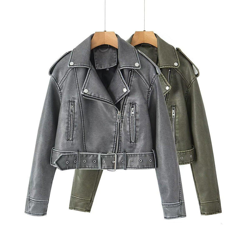 Women's Two-color Leather Distressed Lapel Baggy For Coats