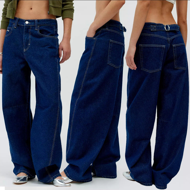 Women's Retro Washed Blue Low Waist Slimming Loose Jeans