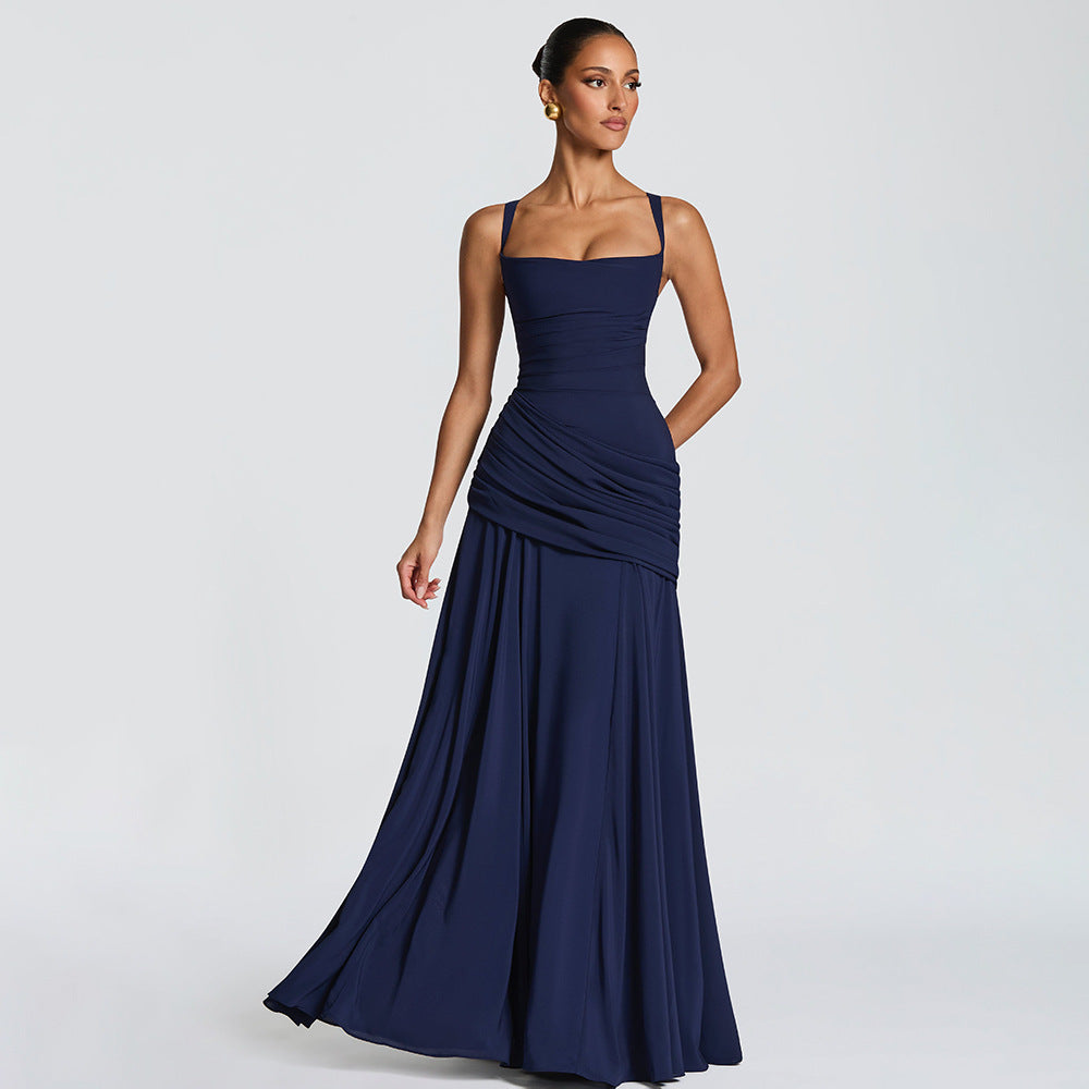 Women's Sexy Solid Color Pleated Low-cut Backless Dress
