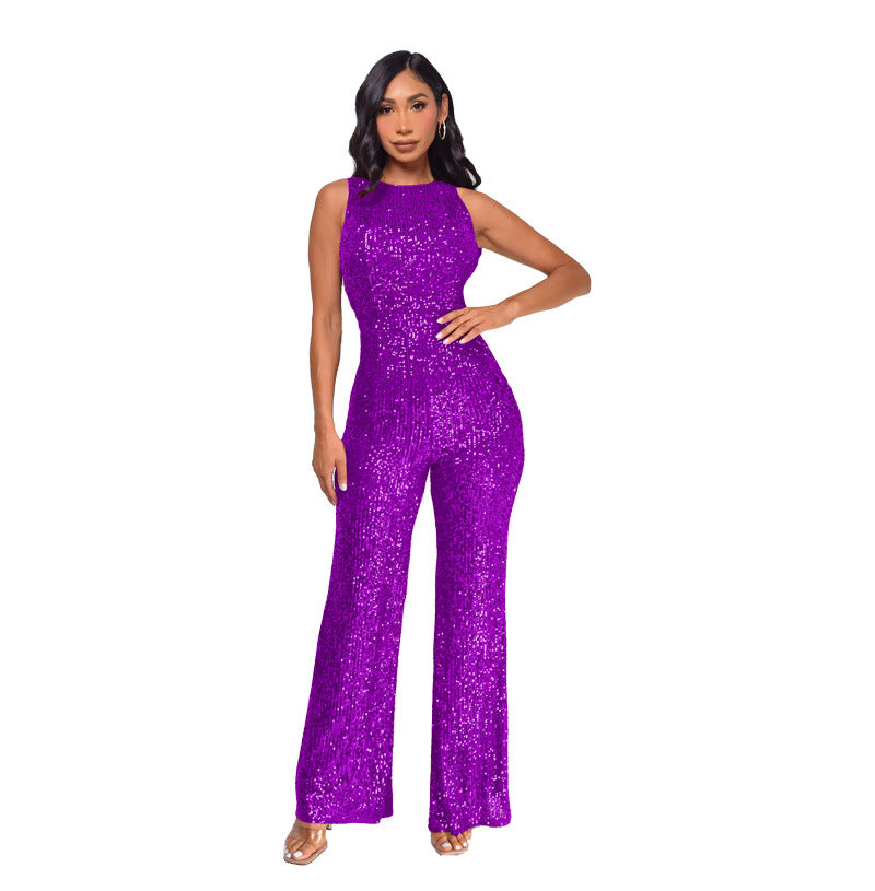 Women's Wind Sleeveless Sequined Round Neck Slim Jumpsuits