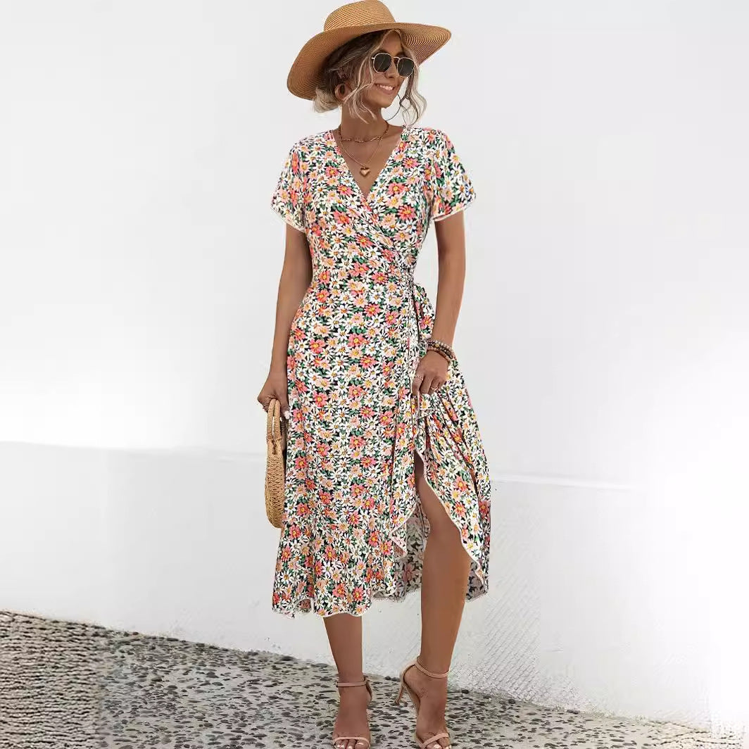 Slouchy Trendy Flounce Slit Small Floral Dress