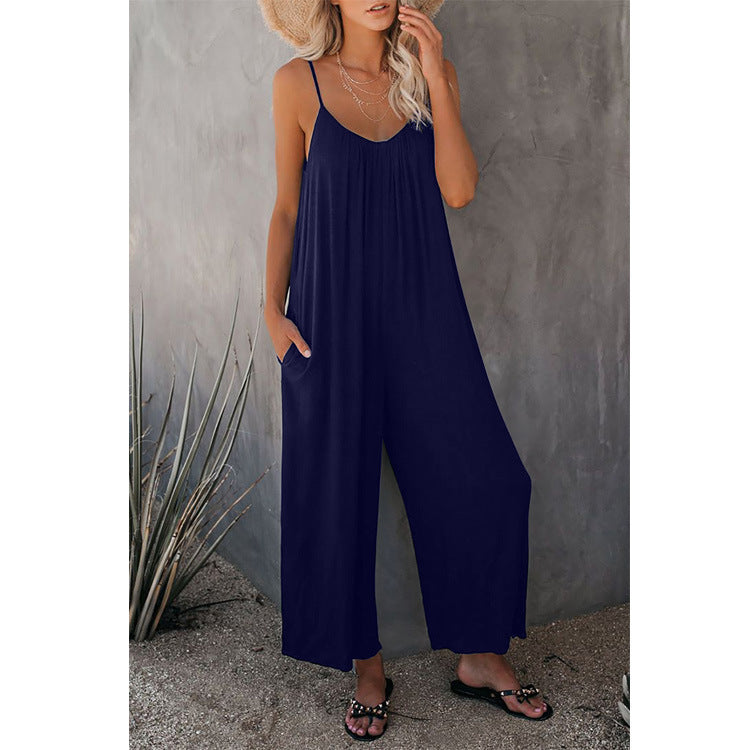 Women's Sling Summer Solid Color Pocket Jumpsuits