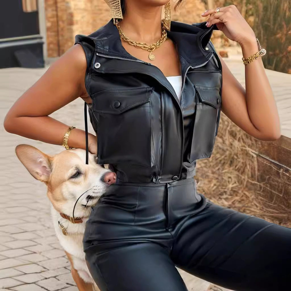 Women's Fashion Casual Zipper Leather Drawstring Hooded Vests