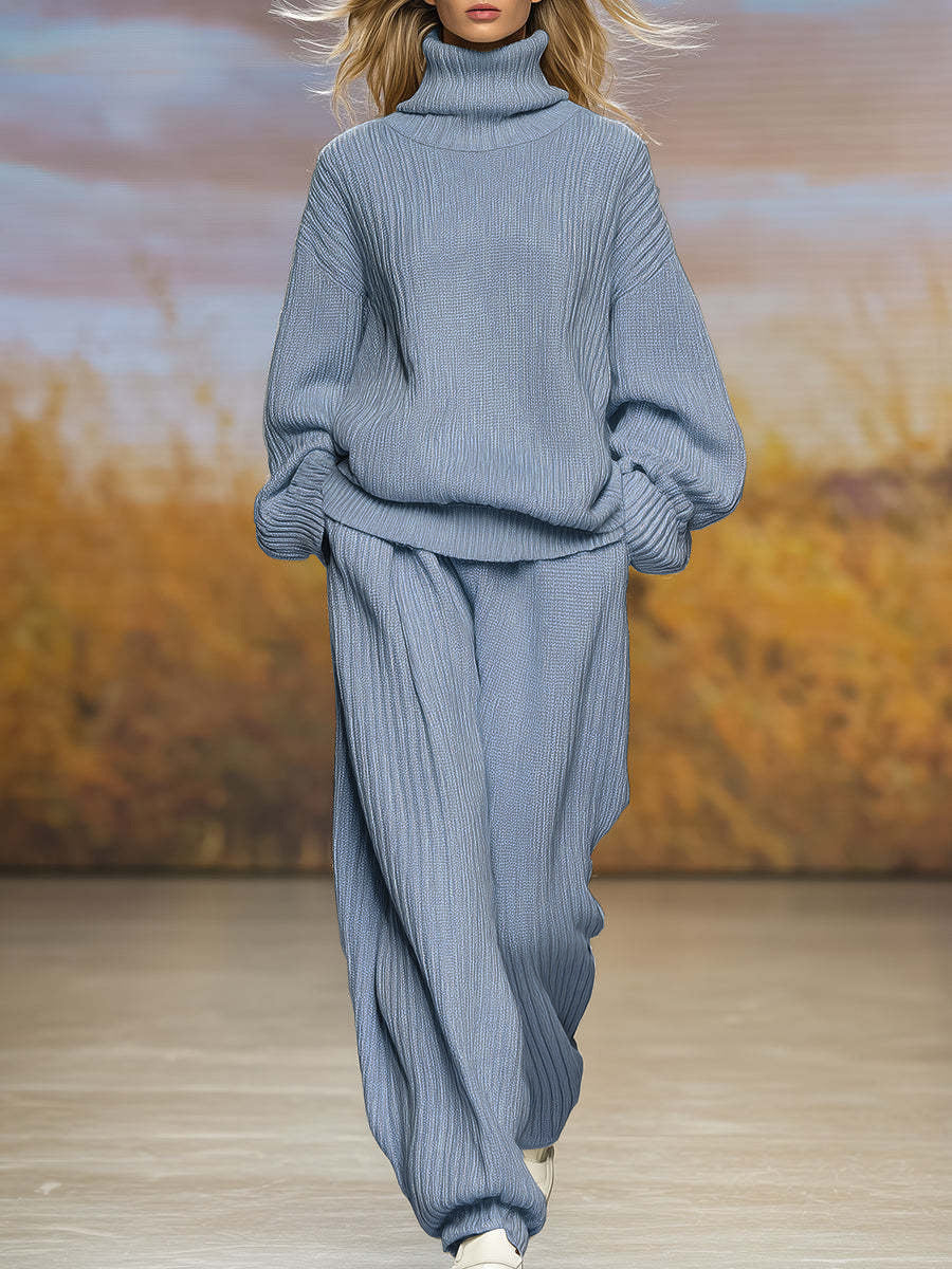 Leisure Knitted Loose Turtleneck Wide Leg Suits