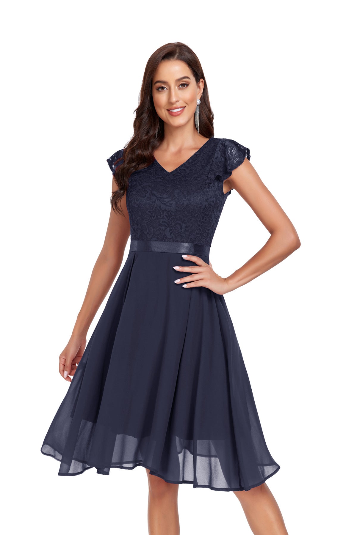 Women's Retro Short-sleeved Lace Chiffon Temperament Mid-length Dresses