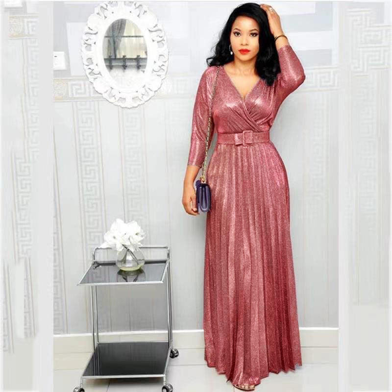 Women's African Wear Fashion Long Sleeve Bronzing Pleated Skirts