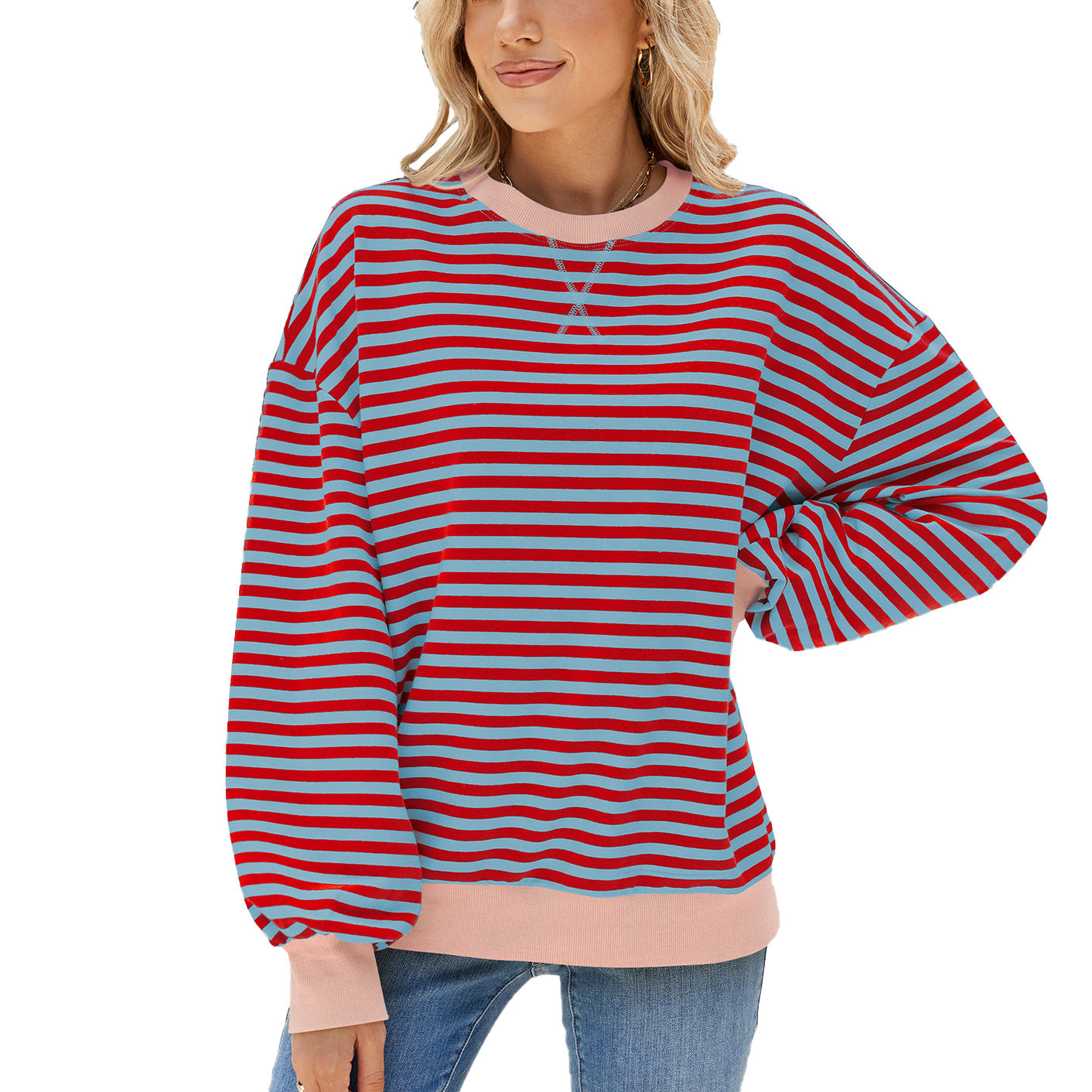 Women's Round Neck Contrast Color Loose Long Sleeve Women's Sweater, Sweater