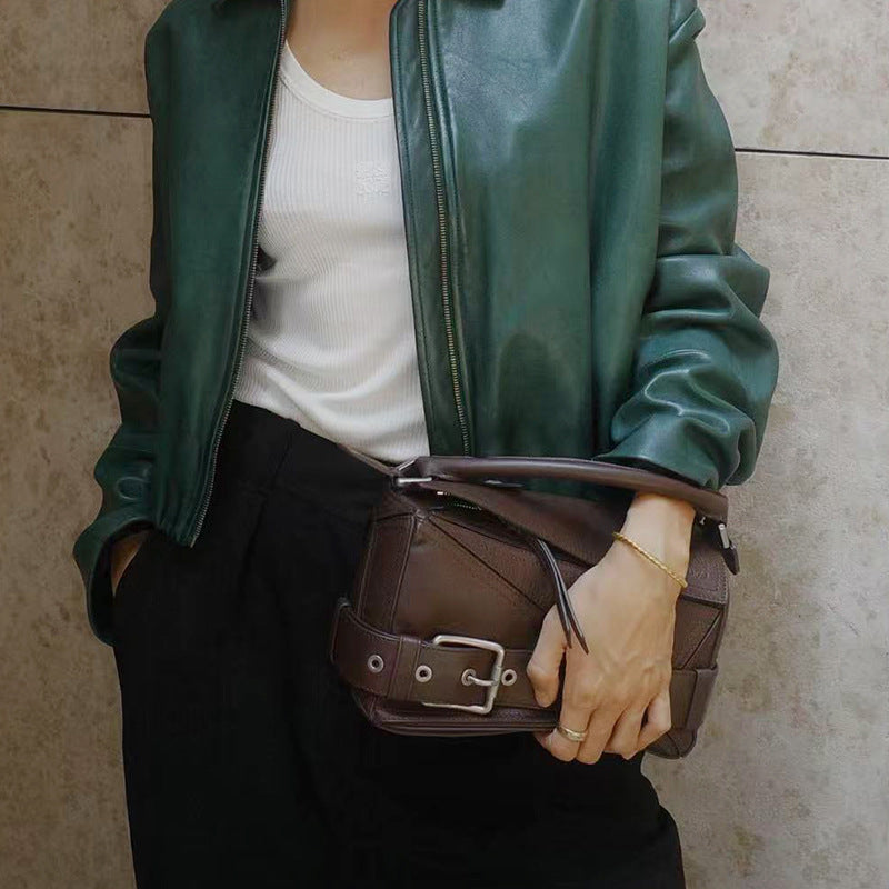 Women's & Men's & Geometric Motorcycle Leather Suede Portable Handbags