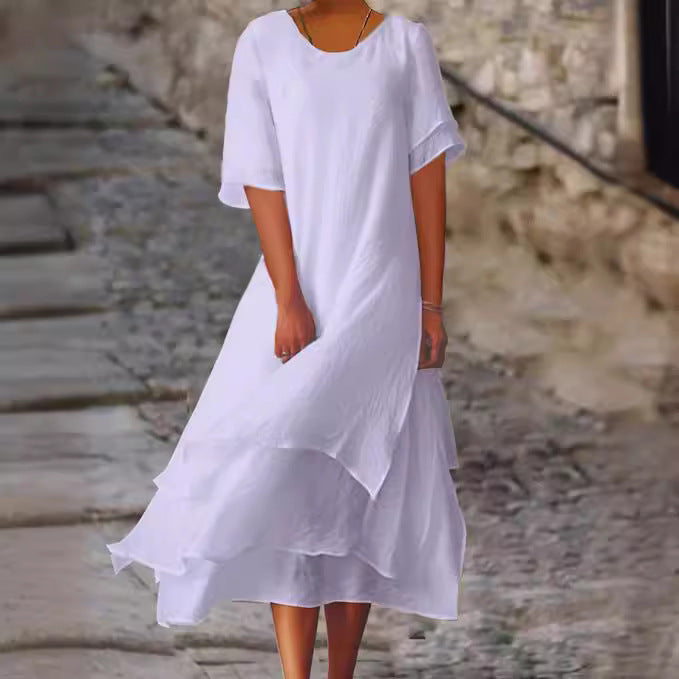 Cotton Linen Color Matching Slit Sleeve Dresses
