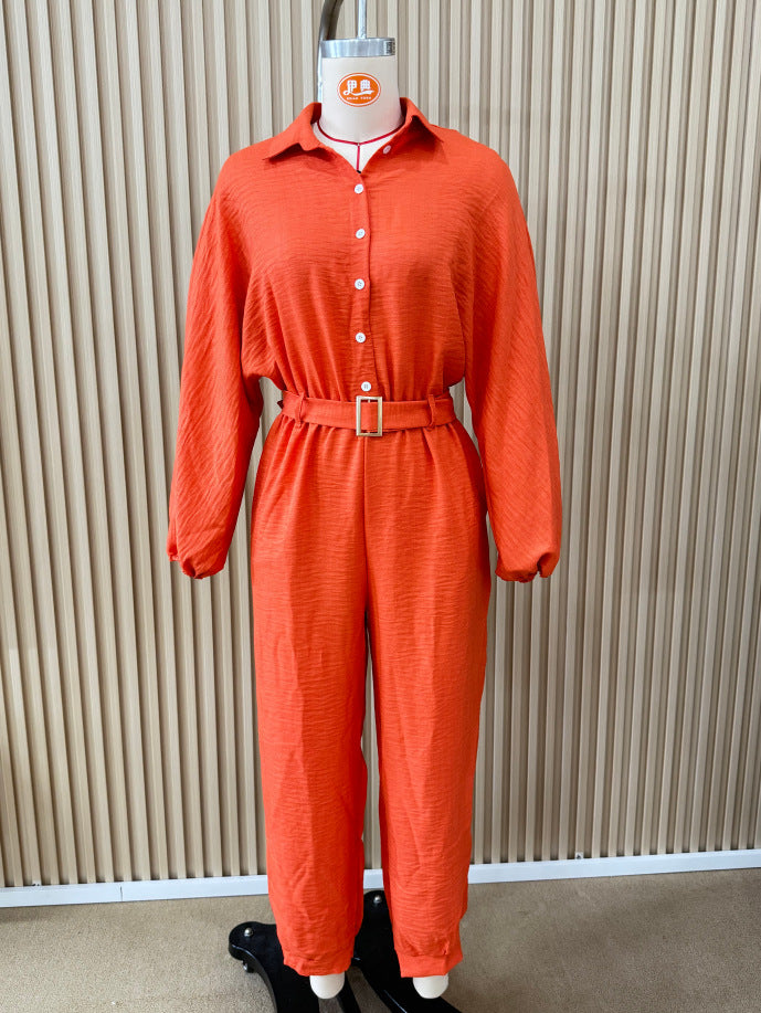 Women's Button Belt Solid Color Slim Fit Women's Jumpsuit/clothing