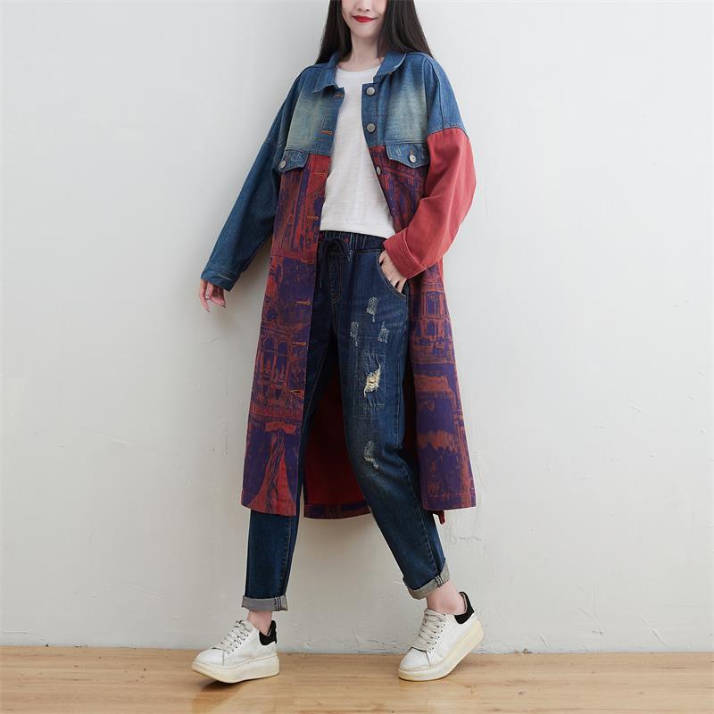 Women's Large Stitching Denim Trench Korean Style Overknee Coats