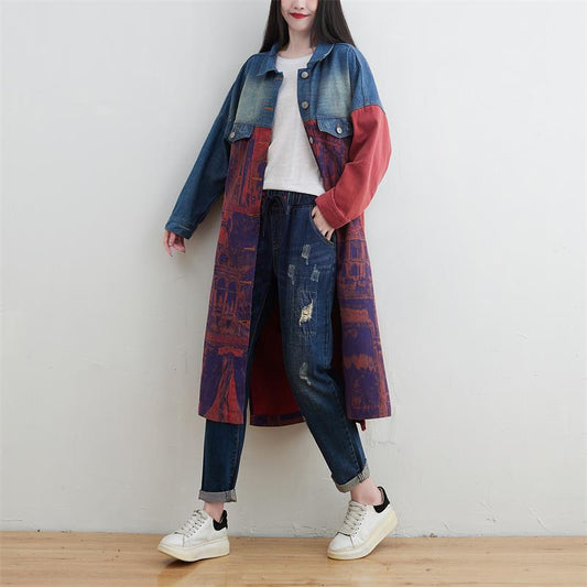 Women's Large Stitching Denim Trench Korean Style Overknee Coats