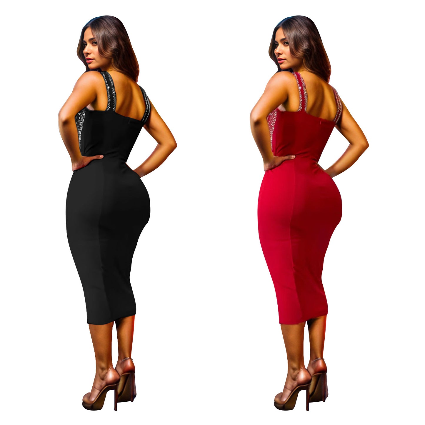 Women's Fashion Wear Sling Hot Drilling Mid-length Dresses