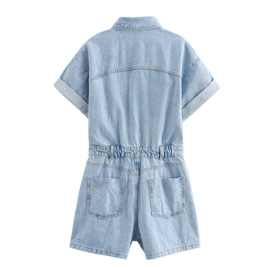 Women's Summer Rollneck Shirt Pocket Decoration Denim Jumpsuits