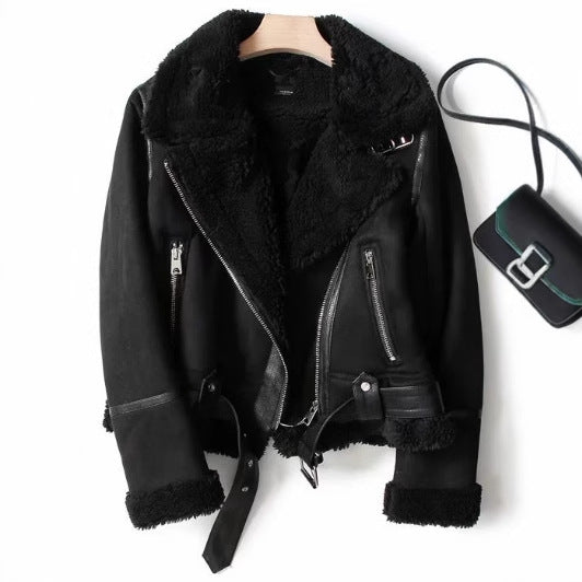 Women's Fashion Casual Thickening Motorcycle Suede Fur Coats