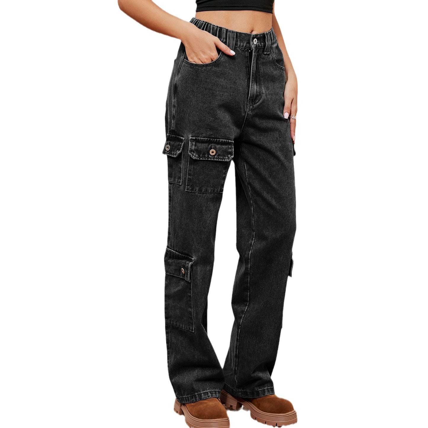 Women's American Hot Washed Half Elastic Design Jeans