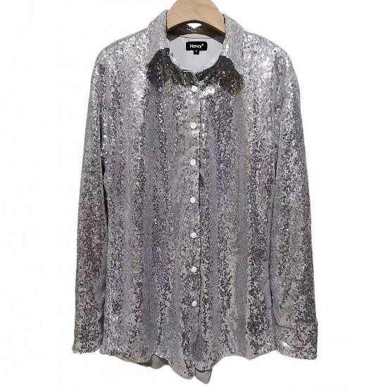 Women's Long Sleeve Loose Large Mid-length Sequined Blouses