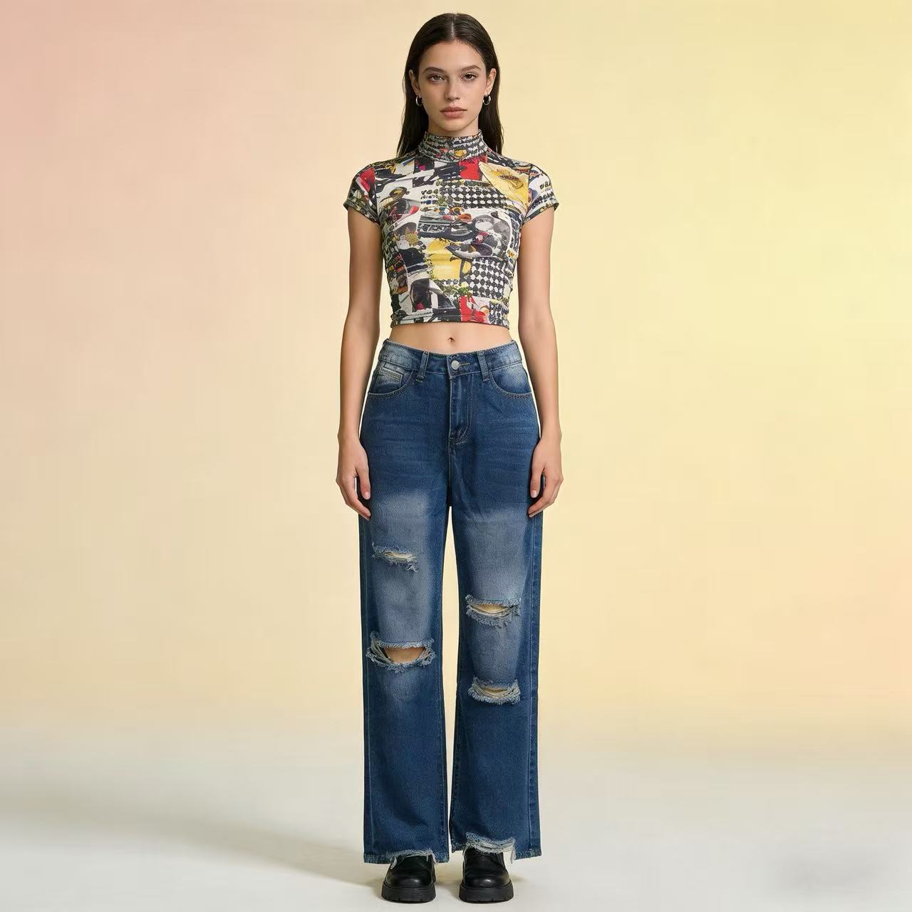Women's Tassel Water Washed Hole Long Straight Women's Jeans
